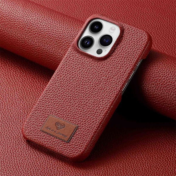 Fodral för iPhone 15 Pro Dou Hong Läder halv pack Pebbled litet klart skal