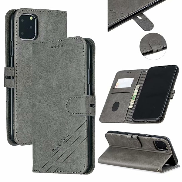 Etui til iPhone 15 Pro Max gråt kalveskind almindelig pung med kortholder flip