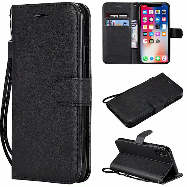 Etui til iPhone 15 Plus sort Plain Calfskin Flip Wallet med kortholder