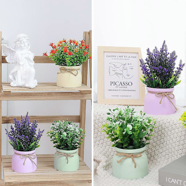 Små Kunstige Planter - 3 Pak Kunstige Potteblomster Falsk Grønt, Eukalyptus Buksbom Lavendel i Plast Macaron Potter 5 Colors