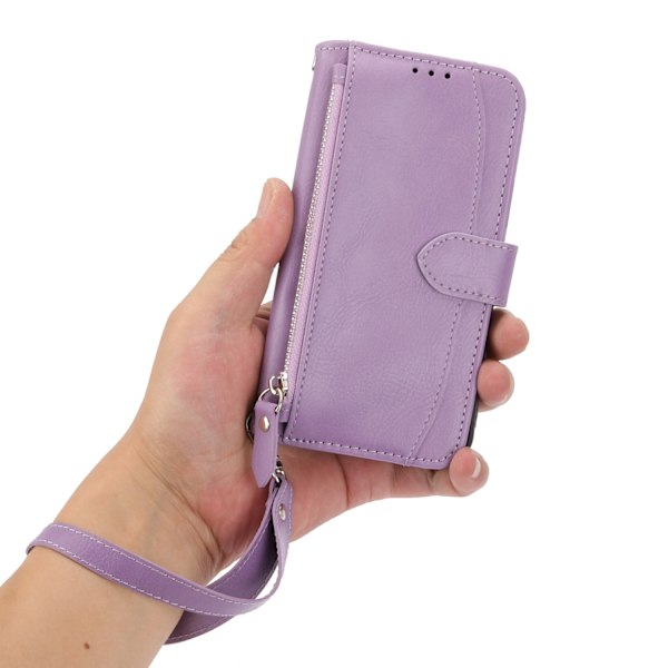 Etui til iPhone 14 Pro, lilla armbånd, crossbody glidelås, flip-lommebok med kortholder og stropp