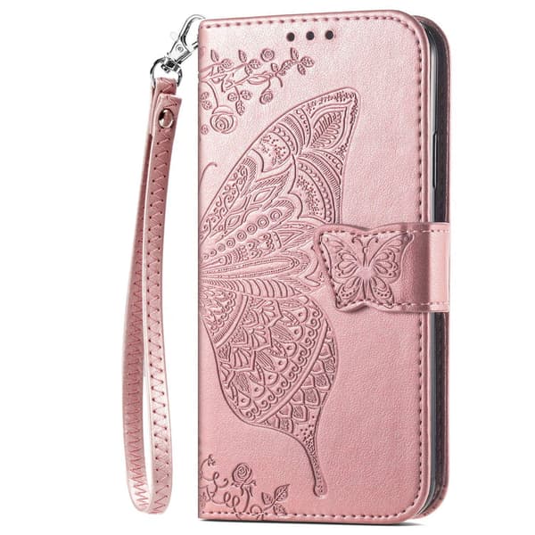 Fodral till iPhone 14 Pro Max Roséguld med snodd Flip 3D Präglat läder