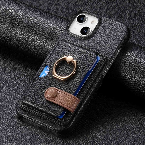 Etui til iPhone 13 sort Pebbled Plain Wallet med kortholderring