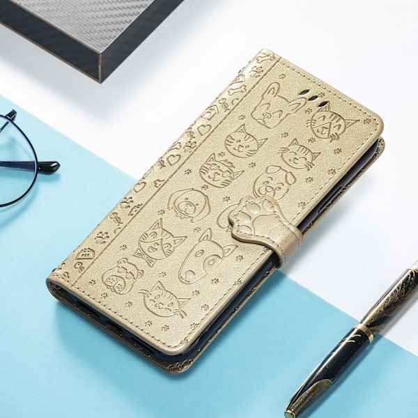 Etui til iPhone 14 guld Hot sale kat og hund sødt 3D præget læder multiple Wallet med kortholder