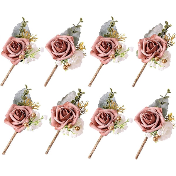 8 Boutonniere-setti miehille häihin, tumman ruusunpunaiset keinotekoiset kukat sulhaselle, bestmanille, rustiikkiset vintage-häät, seremonia, vuosipäivä, tanssiaiset, juhlatilaisuudet