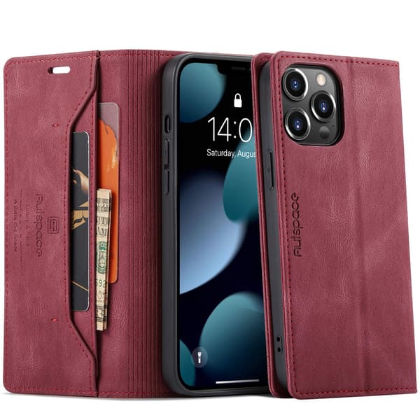 Etui til iPhone 13 Pro 6.1 rød Wallet med kortholder magnetisk flip