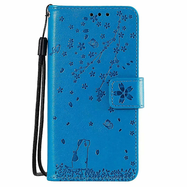 Etui til iPhone 15 blå Sakura Kat 3D Præget Tegnebog med Kortholder Flip