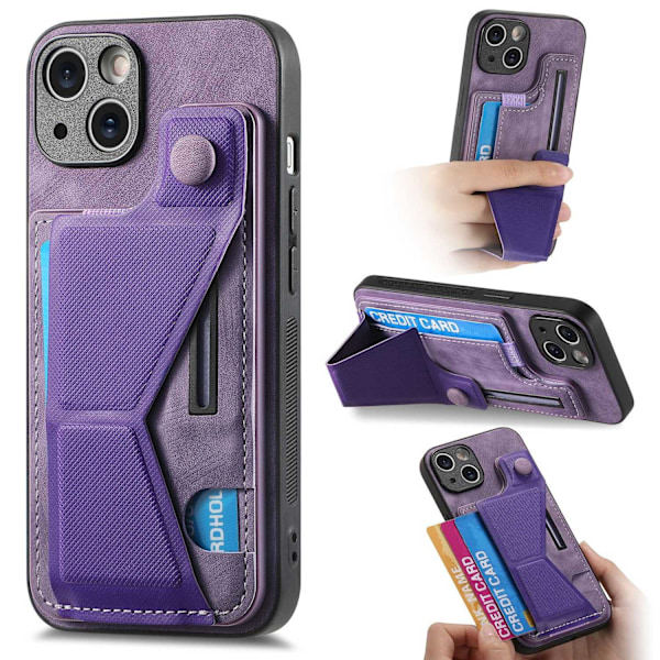 Kotelo iPhone 16plus -puhelimelle, violetti, monikulmainen liukuteline, nahkalompakko korttipidikkeellä, nahkaa