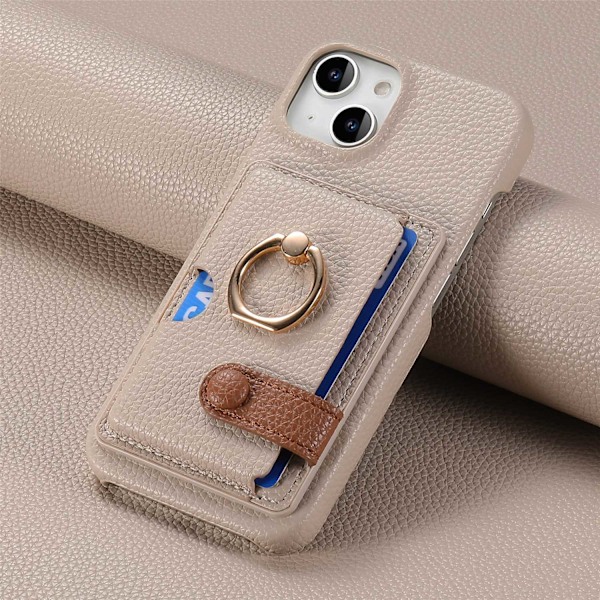 Etui til iPhone 14 Plus Khaki Pebbled Almindelig Wallet med Kortholder Ring