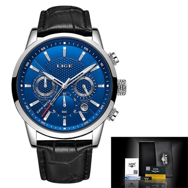 Läder Chronograph Vattentät Sport Automatisk Date Quartz Watch Silver blue C
