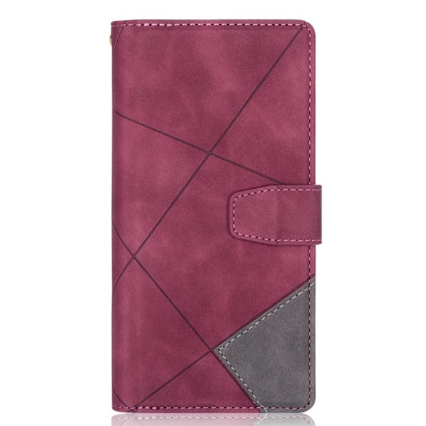 Fodral för iPhone 14 Pro Max Vinröd Linje Blandade Material Plånbok med Korthållare dragkedja