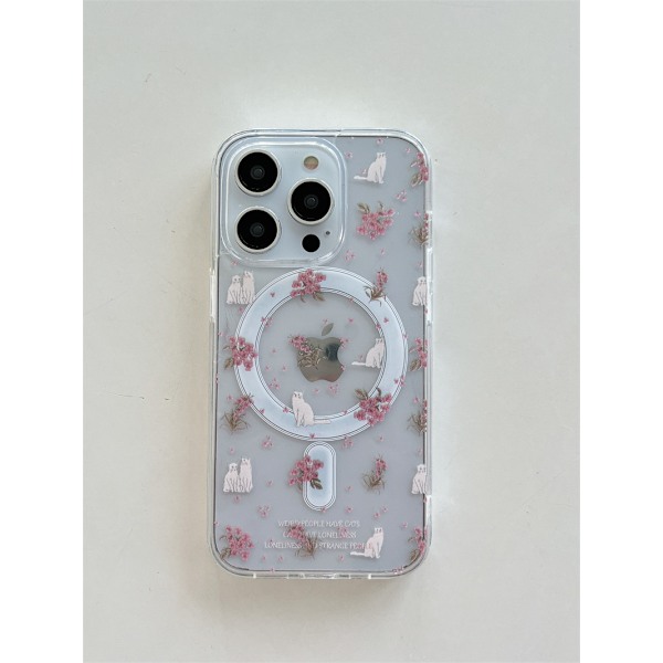 Fodral för iPhone 13 Pro Magnetiskt mobilskal Rosa blomma katt magnetisk korthållare läder