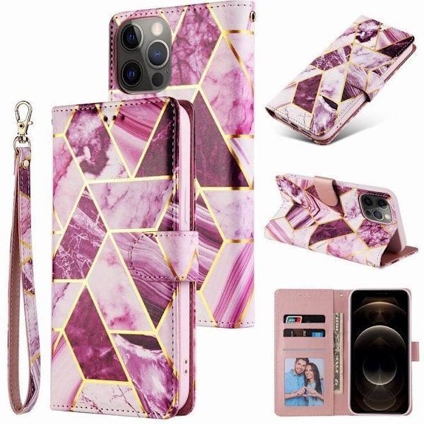 Etui til iPhone 14 Lilla Guld Marmor Blandet Media Tegnebog med Kortholder Flip