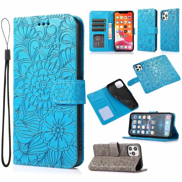 Etui til iPhone 14 Pro blå Soft-Touch 3D-preget solsikke-lommebok med kortholder