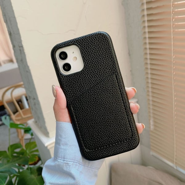 Etui til iPhone 16e Litchi Kort Indsats Sort Pebbled Wallet med Kortholder