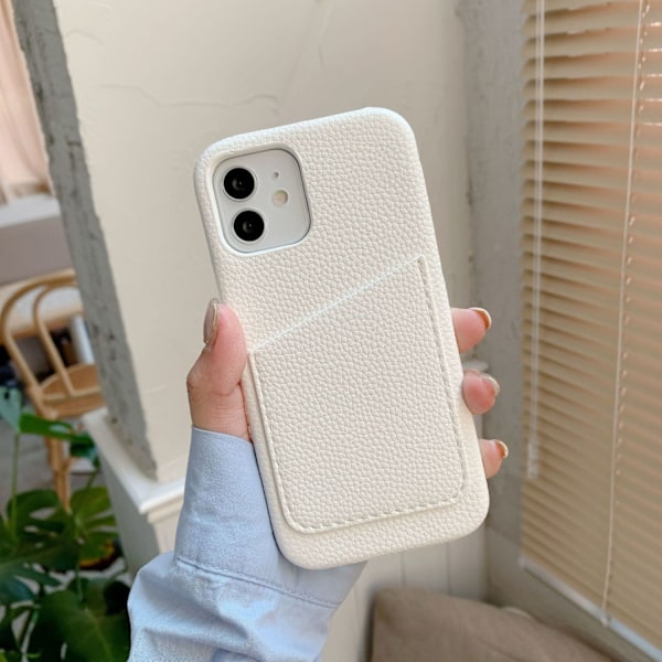 Fodral för iPhone 16plus Litchi-mönster kortplats vit Pebbled Plånbok med Korthållare