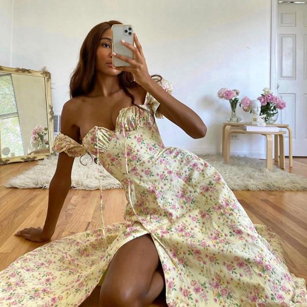 Kvinnors printed franska hipster stil blommig rygglös Slim Fit ärmlös delad klänning Gray XL