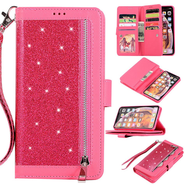 Etui til iPhone 14 Rosarød glitter ni-korts lynlåstaske pung med kortholder