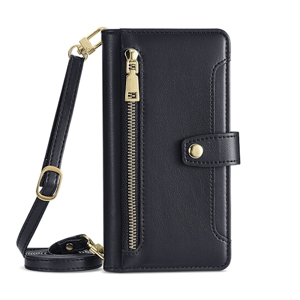 Etui til iPhone 13 Pro Sort (med lang skulderrem + kort håndledsrem) Flip Crossbody Rem