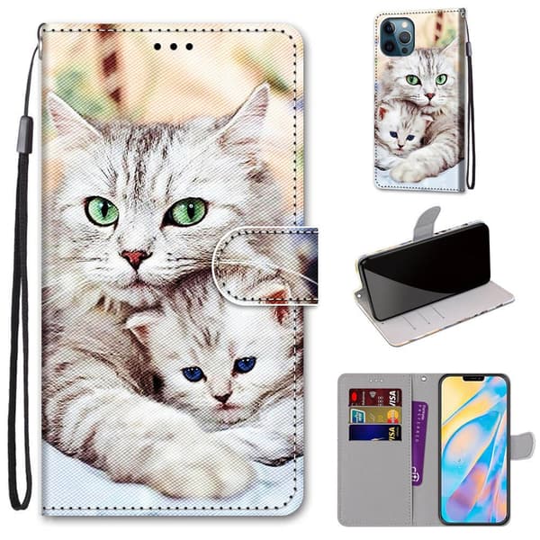 Etui til iPhone 14 Pro Max Stor kat krammer killing Malet pung med kortholder Flip