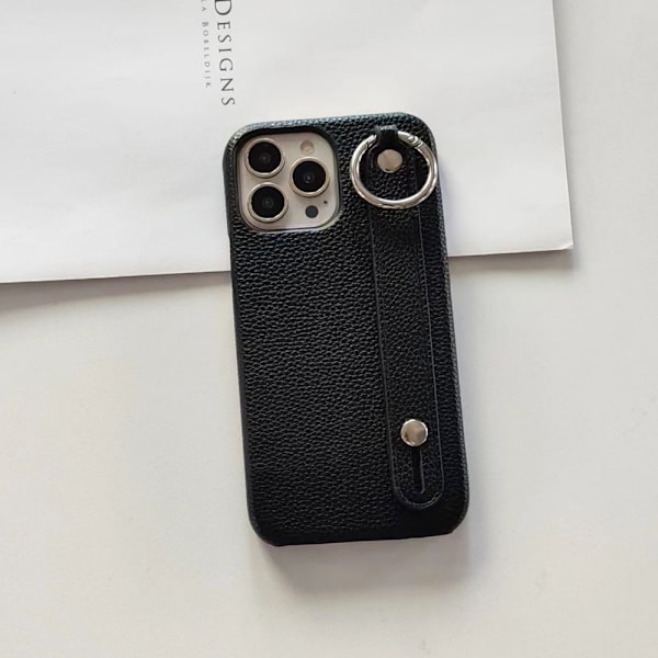 Kotelo iPhone 16promax musta Kivisellä rannekorurenkaalla ja jalustalla