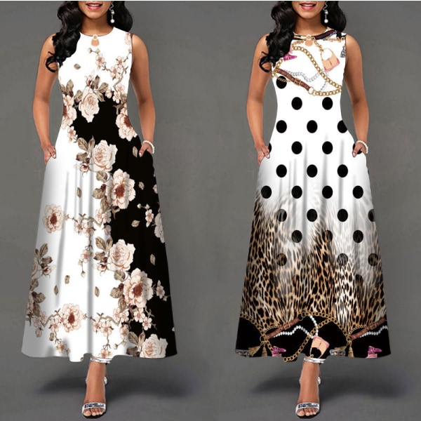 Ärmlös damklänning med blommig print svängklänning Bohemisk retro lång klänning WX-3# XL