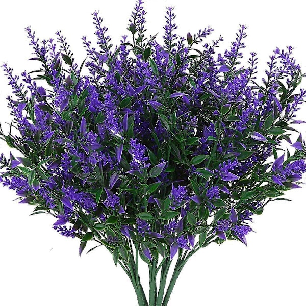 8 stk. Kunstige lavendelplanter, falske blomster, plastik grønne stængler til dekoration af veranda plantekasser Purple