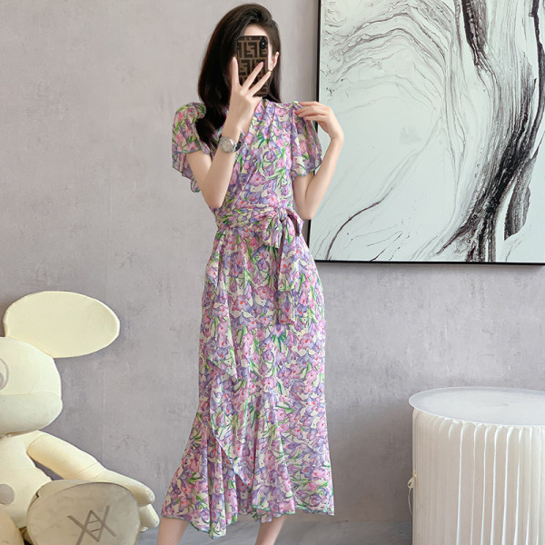 Fransk kortärmad V-ringad printed klänning Fishtailkjol semesterstil Pink purple L
