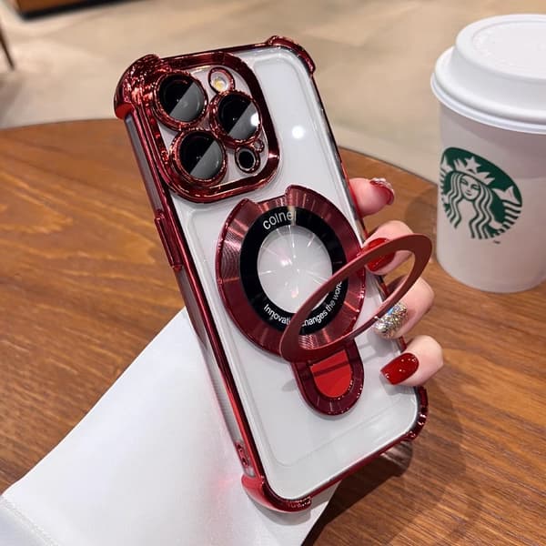 Fodral för iPhone 14 Pro Max Klart Magnetiskt Stativ Linsdetalj Klarröd