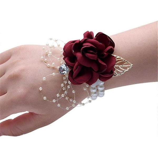 Flicka Brudtärna Handledskorsage Bröllop Siden Handledsblomma Faux Pärla Armband Handledsrem Blomma Ornament (mörkblå, 1-pack)