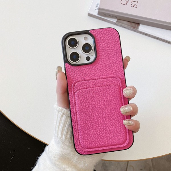 Fodral för iPhone 16 Rosaröd litchimönstrad kort Pebbled lädertextur Plånbok med korthållare