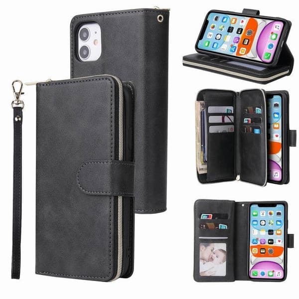 Etui til iPhone 14 Pro Max sort Nine-card lynlåstaske Flip Wallet med kortholder