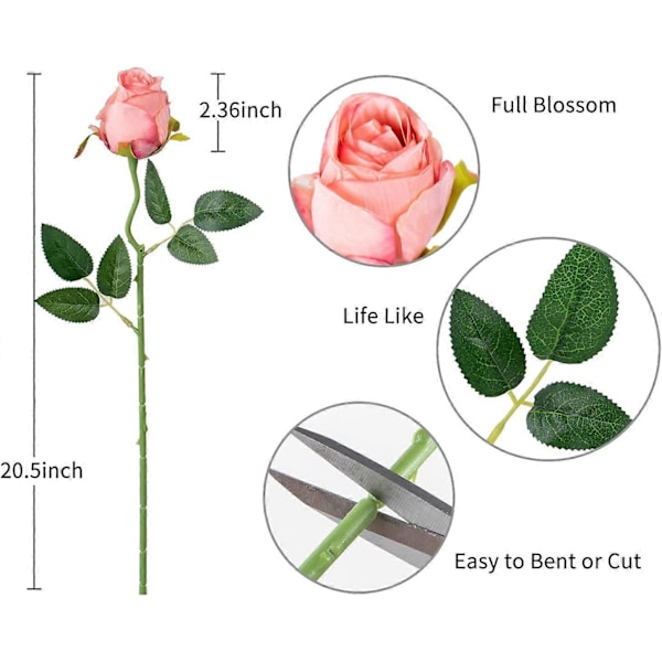 10 kpl Keinotekoisia silkkiruusuja, tekokukkakimppu pitkillä varsilla häihin, kodin juhlakoristeluun (Beige) Rose Red