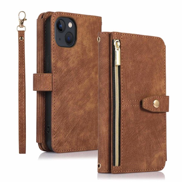 Etui til iPhone 13 mini Brun [kort snor + lang snor] lynlåspung med kortholder crossbody flip ni kort