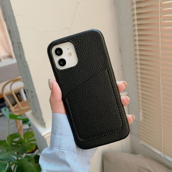 Etui til iPhone 13mini Litchi Kort Indsats Sort Pebbled Wallet med Kortholder