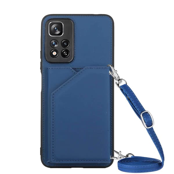 Etui til iPhone 15 Plus Blå (med lang snor) Soft-Touch Kortholder Rem Multi-Kort Crossbody Kortholder