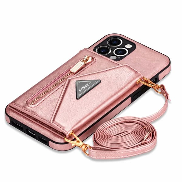 Etui til iPhone 13 Rosaguld + lanyard Lynlåspung med kortholder
