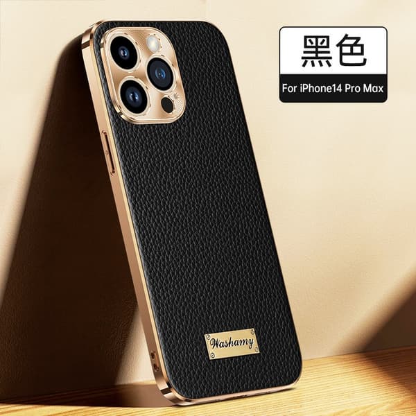 Etui til iPhone 16 Pro Max 6,9 tommer 【Sort◆Guld Label Lychee Mønster◆】Fint Linsehul◆Elektroplettering Ægte læder business luksus