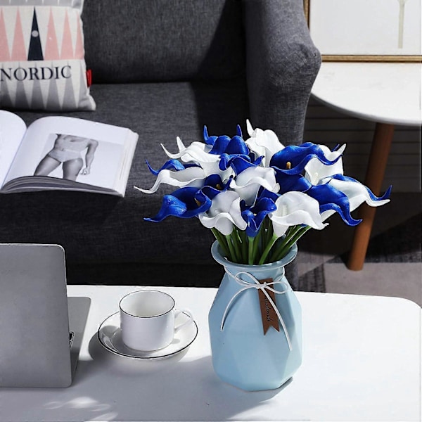 24 st Calla Lilja Bröllopsbukett Latex Real Touch Konstgjorda Blommor (Blå och Vit) Blue and White