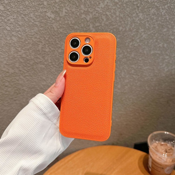Etui til iPhone 14PLUS Lychee mønster-orange 2 i 1 Pebbled klassisk læder