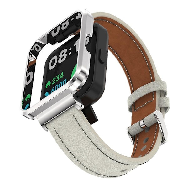 Varmhvit Sølvfarget Kasse Varmhvit Sølvfarget Kasse Lærreim kompatibel med Xiaomi Redmi Watch 2