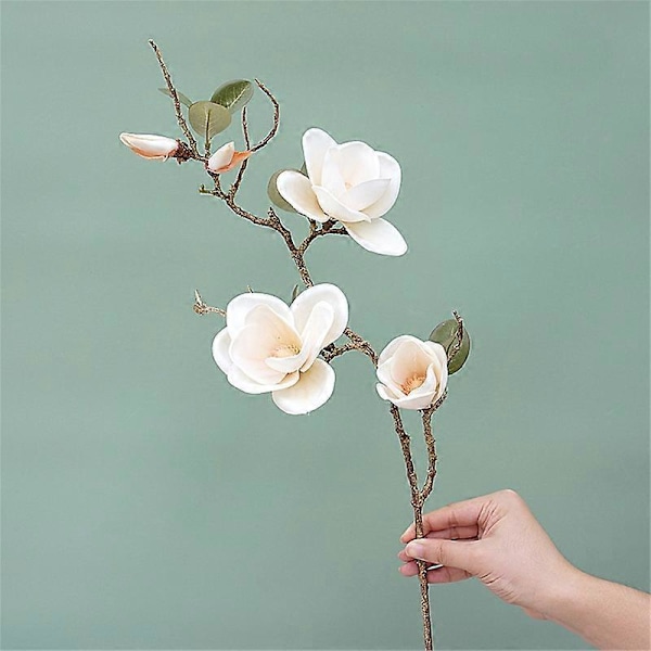 Kunstig Blomst Sjarmerende Realistisk Stoff 3 Hoder Fabel Magnolia Blomster for Stue Orange