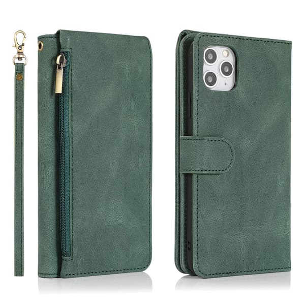 Etui til iPhone 13mini Mørkegrøn Soft-Touch Multi-Card Lynlåspung med Kortholder
