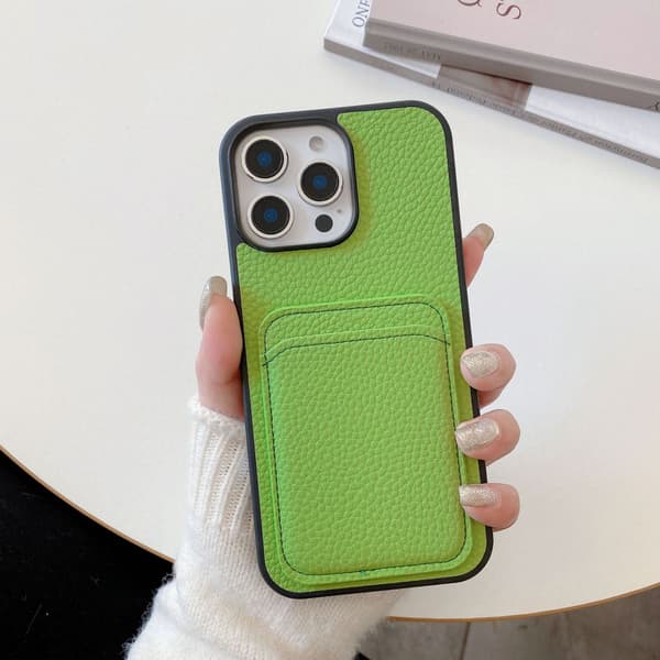 Etui til iPhone 14/15plus Grøn lychee mønster kort Pebbled læder tekstur Wallet med kortholder