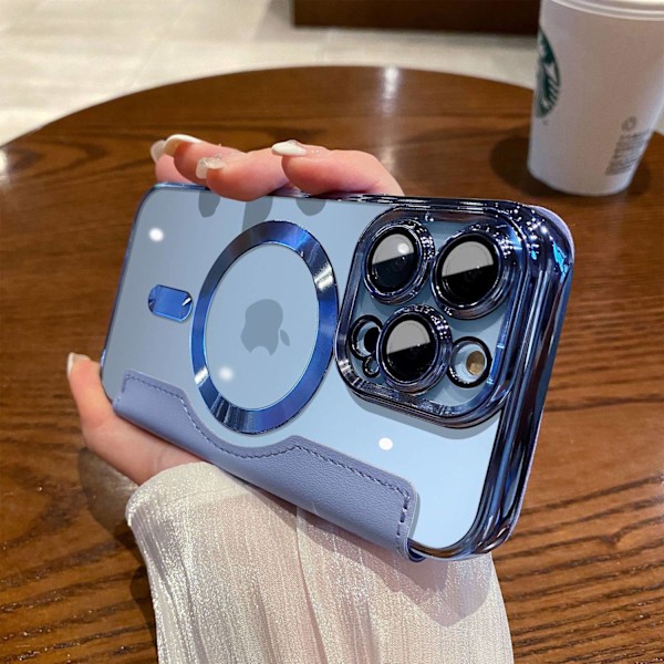 Fodral för iPhone 15plus Far Peak Blå Gyllene Sköld Elektroplätering Magnetisk Flip Helkropp