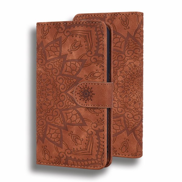 Etui til iPhone 14PROMAX brun 3D Præget Mandala Tegnebog med Kortholder