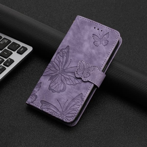 Etui til iPhone 14 PLUS Lys lilla Sommerfugl 3D Præget Tegnebog med Kortholder Flip