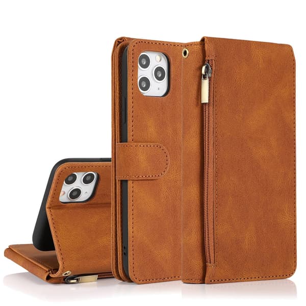 Etui til iPhone 15 Pro Max brun Soft-Touch lynlåspung med kortholder Flip Multi-Card