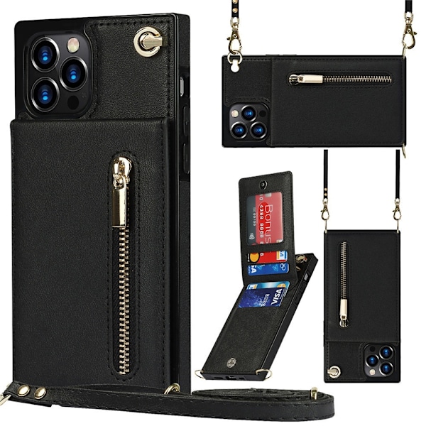 Kotelo iPhone 16plus musta Crossbody vetoketjullinen lompakko korttipidikkeellä ja jalustalla