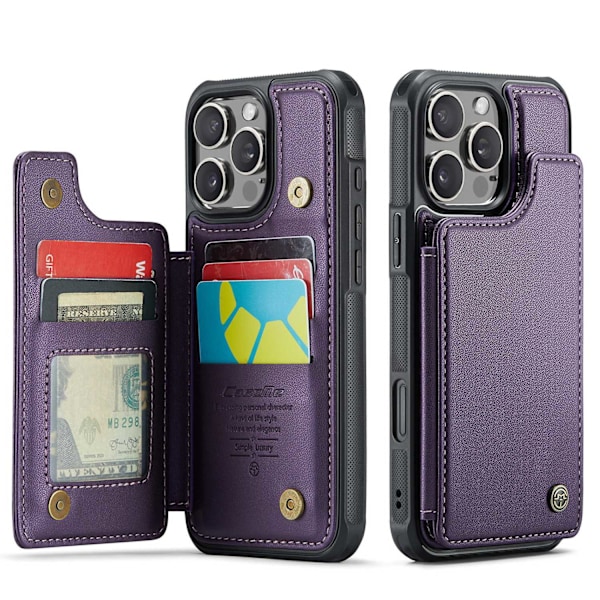 iPhone 14 Plus -puhelimen violetti suojakotelo, jossa on korttipidike
